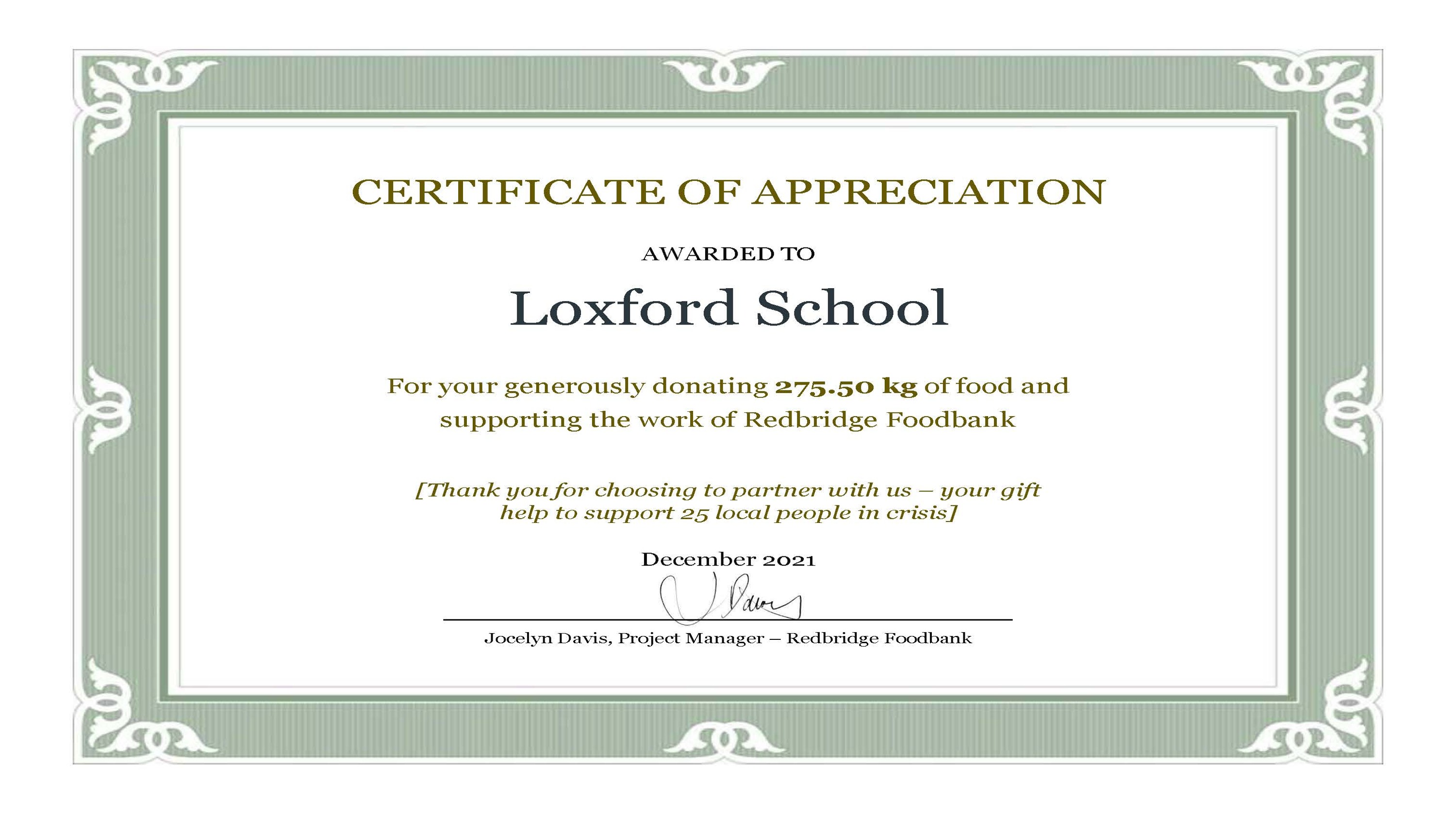 Certificate Loxford Secondary School