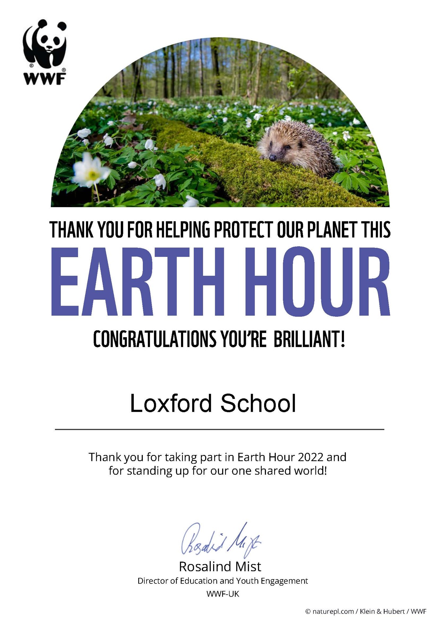 Earth Hour Certificate 2022   Loxford
